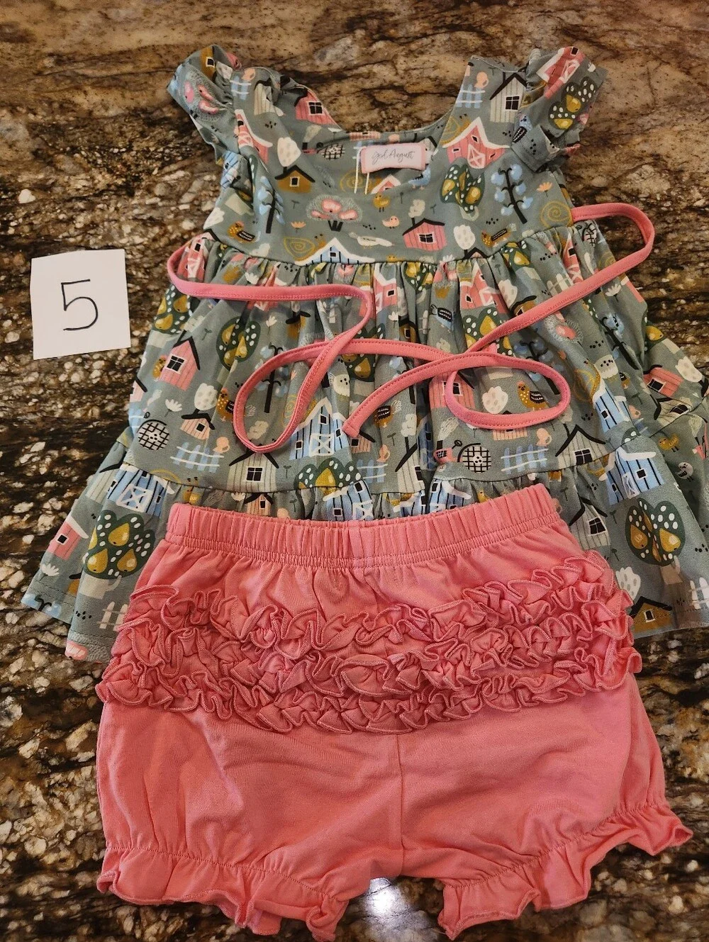 Girl's Village-Print Matching Set with Pink Ruffle Bloomers